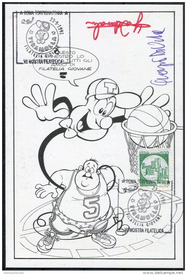 1991 Italy Basketball Mosta Filatelia Giovane Roma Cartoon Comic Postcard SIGNED - Philatelic Cards