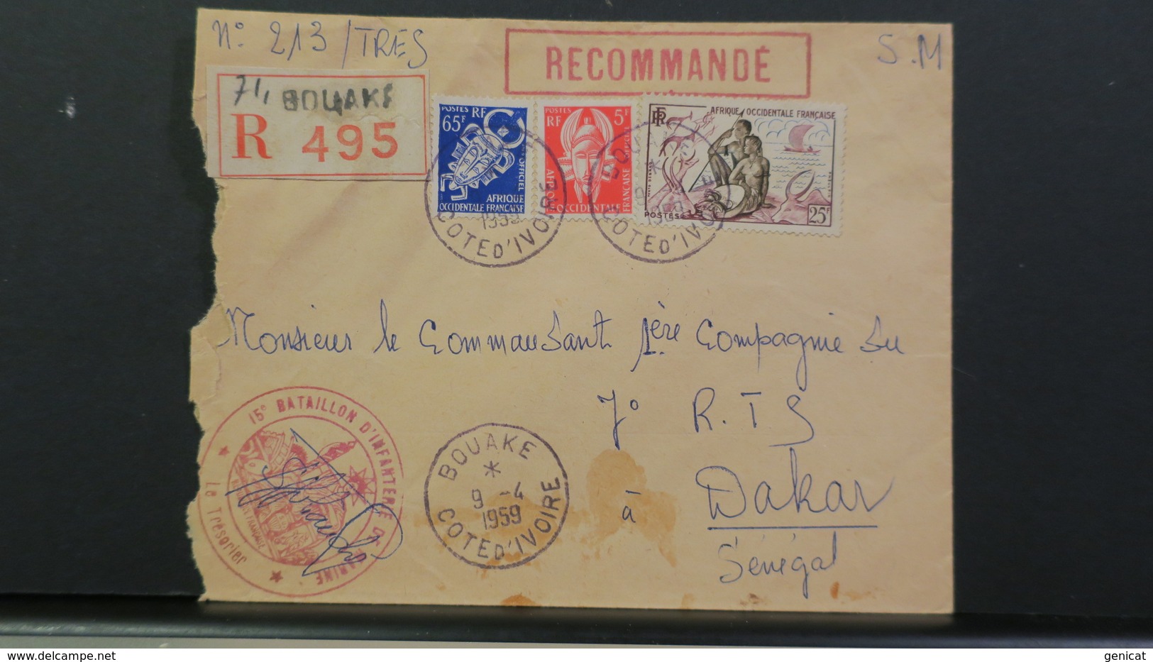 Cote D'Ivoire Lettre Recommandé Du 15e Bataillon D'Infanterie De Marine De Bouake 1959 Pour Dakar Senegal - Covers & Documents