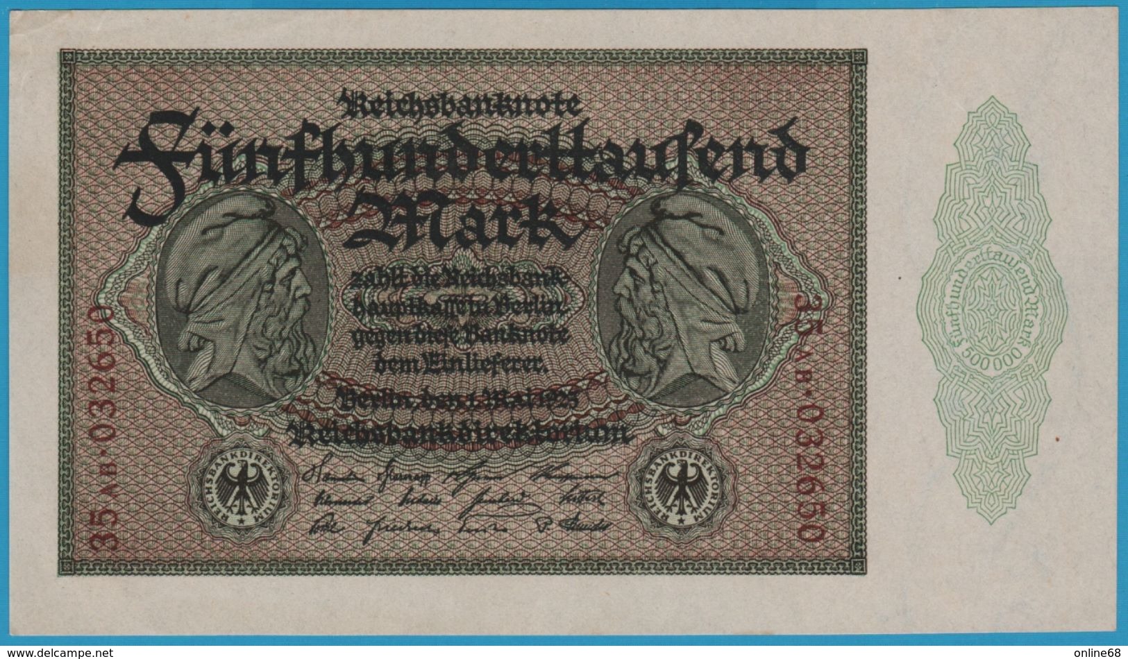 DEUTSCHES REICH 500.000 Mark 01.05.1923 SERIE 35AB.032650 P# 88b Two Serial # On Front Only - 500.000 Mark