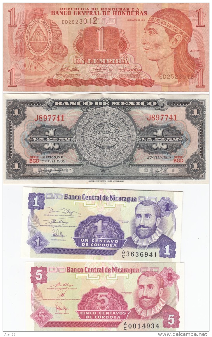 Lot Of 4 Different Banknotes Honduras #89b (2010) Mexico #59k (1969) Nicaraugua #167 And #168 (1991), VF-UNC - Alla Rinfusa - Banconote