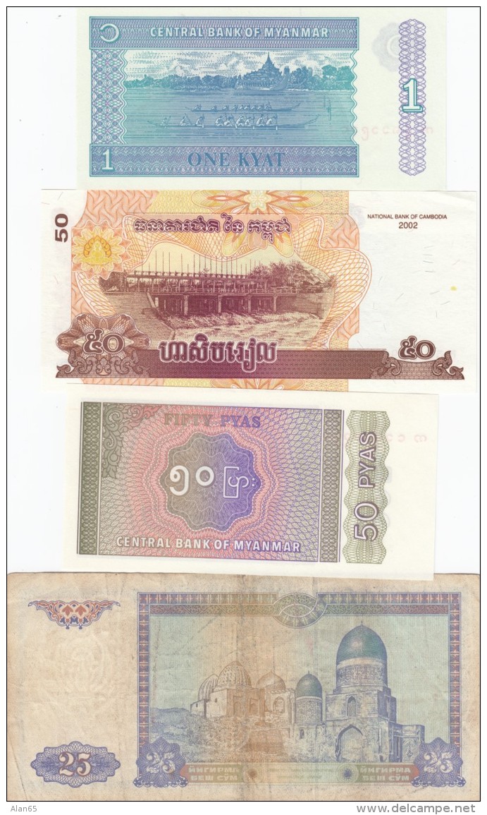 Lot Of 4 Different Asia Banknotes Cambodia #52 (2002) Myanmar #68 (1994) #69 (1996) Uzbekistan #77 (1994)F-UNC - Alla Rinfusa - Banconote