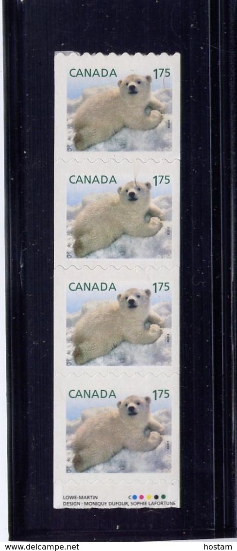 CANADA 2011,#2429i,  BABY WILDLIFE: POLAR BEAR,  STRIP 4 STAMPS ENDING OF ROLL, INTERNATIONAL RATE $1.75 , M NH - Coil Stamps