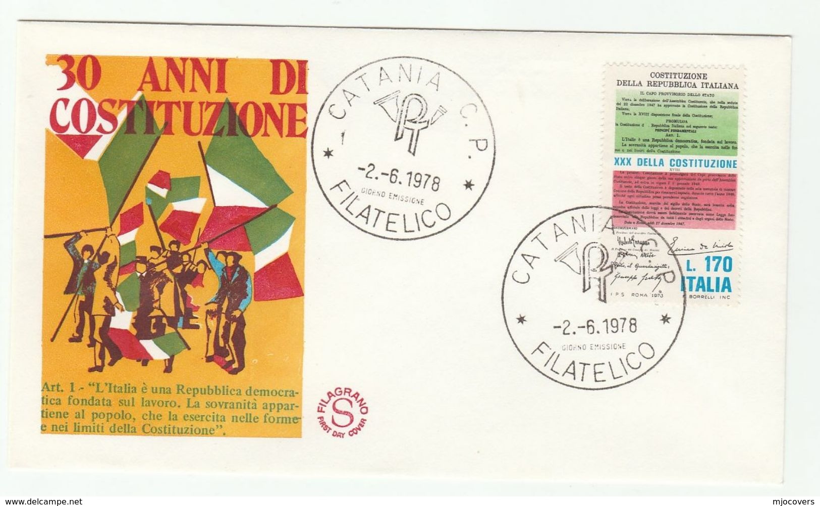 1978 Catania ITALY FDC CONSTITUTION Stamps Cover Flag - FDC