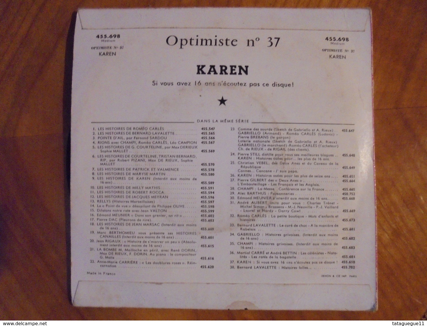 Disque Vinyle 45 T OPTIMISTE N° 37 Karen Années 60 - Humor, Cabaret