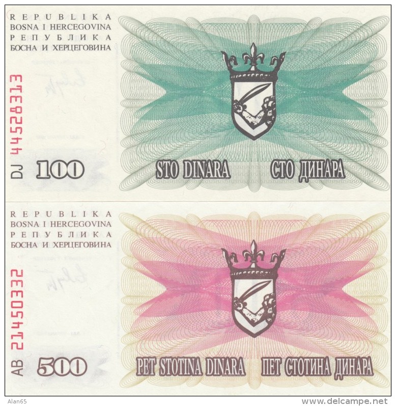 Bosnia &amp; Herzegovina  #13 100 Dinara And #14 500 Dinara 1992 Banknotes - Bosnia And Herzegovina