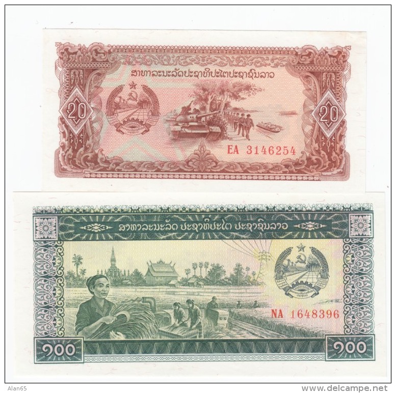 Laos #28 20 Kip And #30 100 Kip 1979 Banknotes With Military Theme - Laos