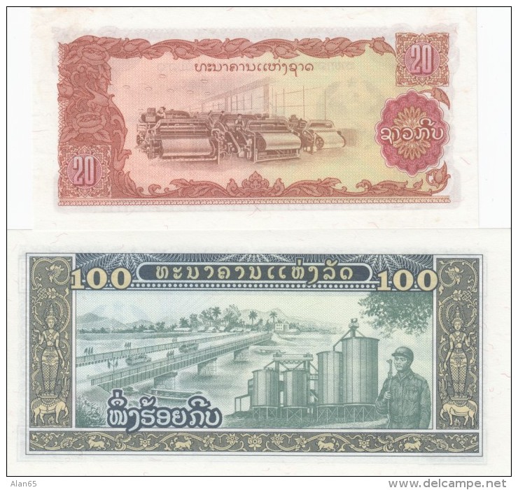 Laos #28 20 Kip And #30 100 Kip 1979 Banknotes With Military Theme - Laos