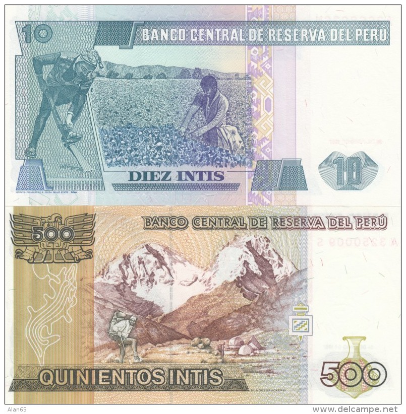 Peru #129 10 Intis (1987) And #134b 500 Intis (1987) UNC Banknotes - Peru
