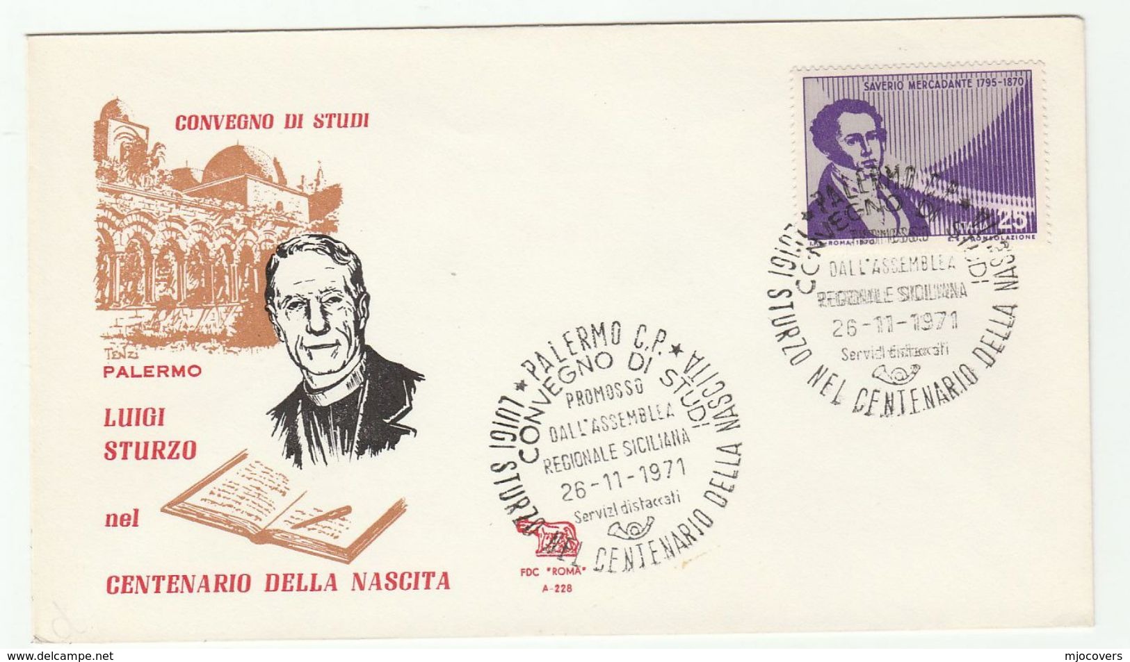 1971 Palermo LUIGI STURZO EVENT COVER Religion  Mercadante Music Stamps - Christianity