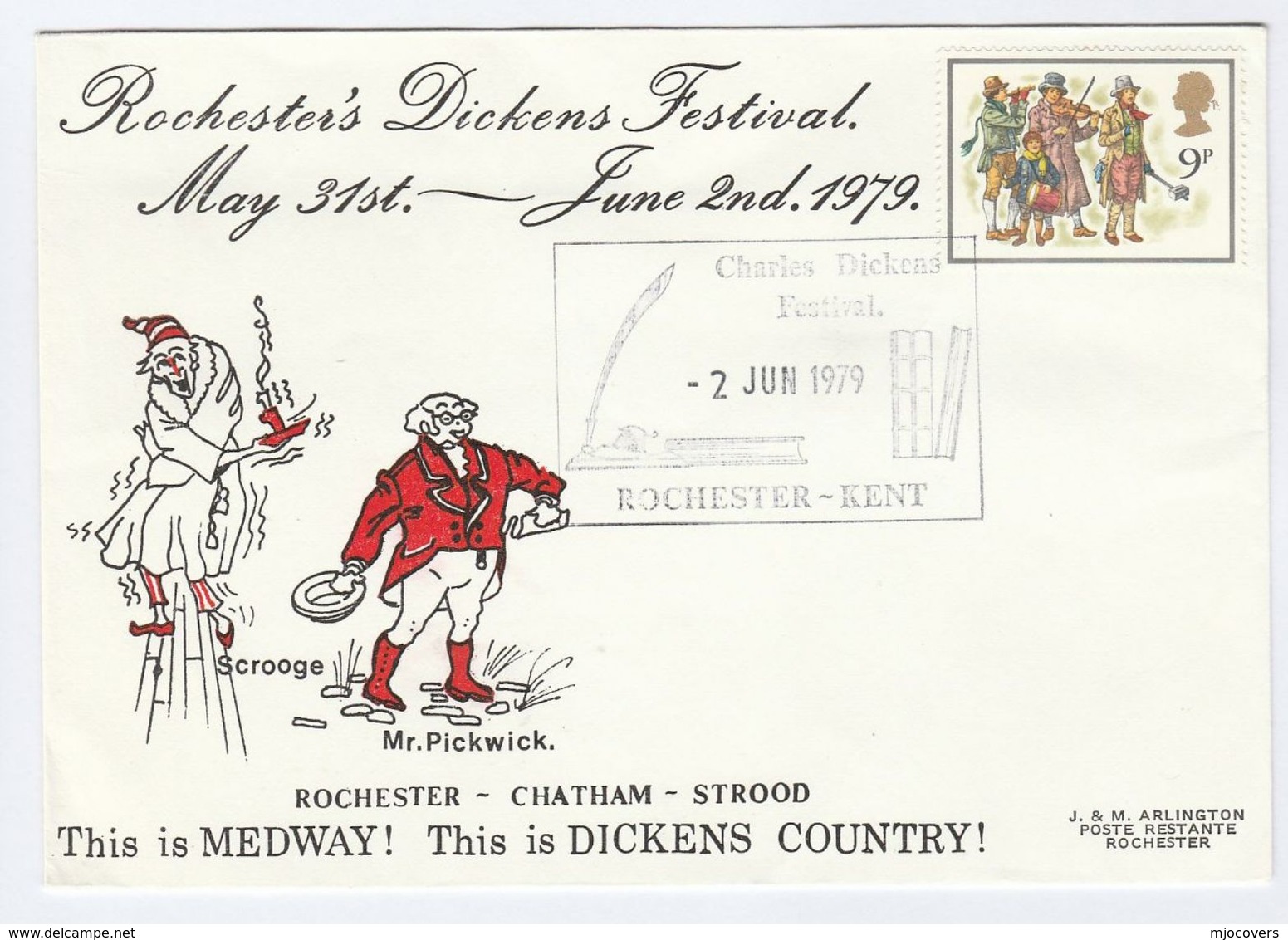1979 ROCHESTER  DICKENS FESTIVAL Event COVER  Scrooge Mr Pickwick Candle Qipp Pen  Literature Stamps Christmas GB - Covers & Documents
