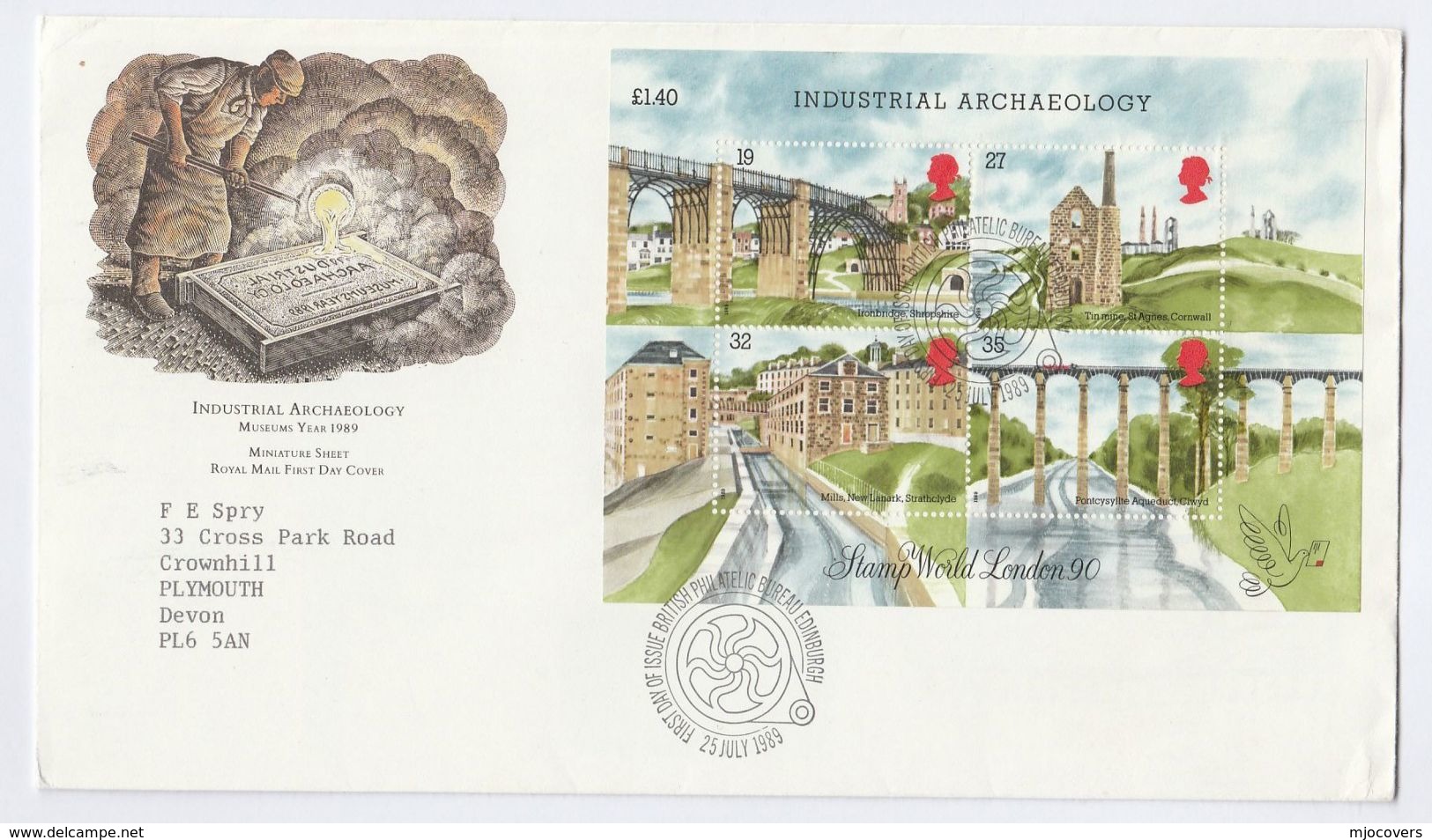 1989 GB FDC Miniature Sheet INDUSTRIAL ARCHAEOLOGY TIN MINE, IRON BRIDGE, AQUEDUCT Stamps Cover Mining Mineral - Minerals