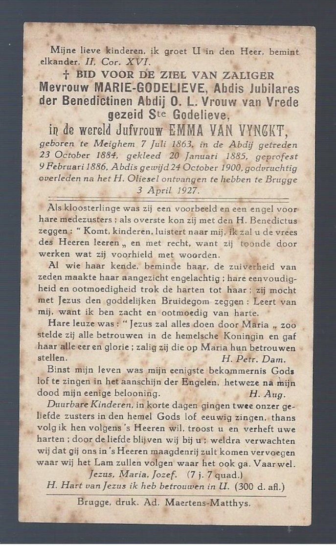 DP VAN VYNCKT ABDIS JUBILARIS DER BENEDICTINEN ABDIJ O.L. VROUW VAN VREDE GEZEID Ste GODELIEVE ° MEIGHEM 1863 + 1927 - Images Religieuses