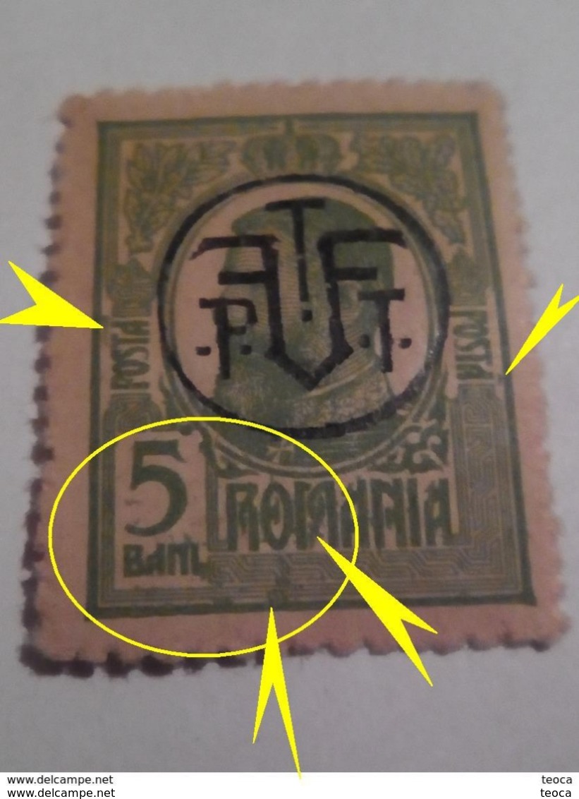 Errors Romania King Charles  5 Bani GREEN,overprint PTT With Lines Vertical ``posta``points Color , Line Shadow Colo - Plaatfouten En Curiosa