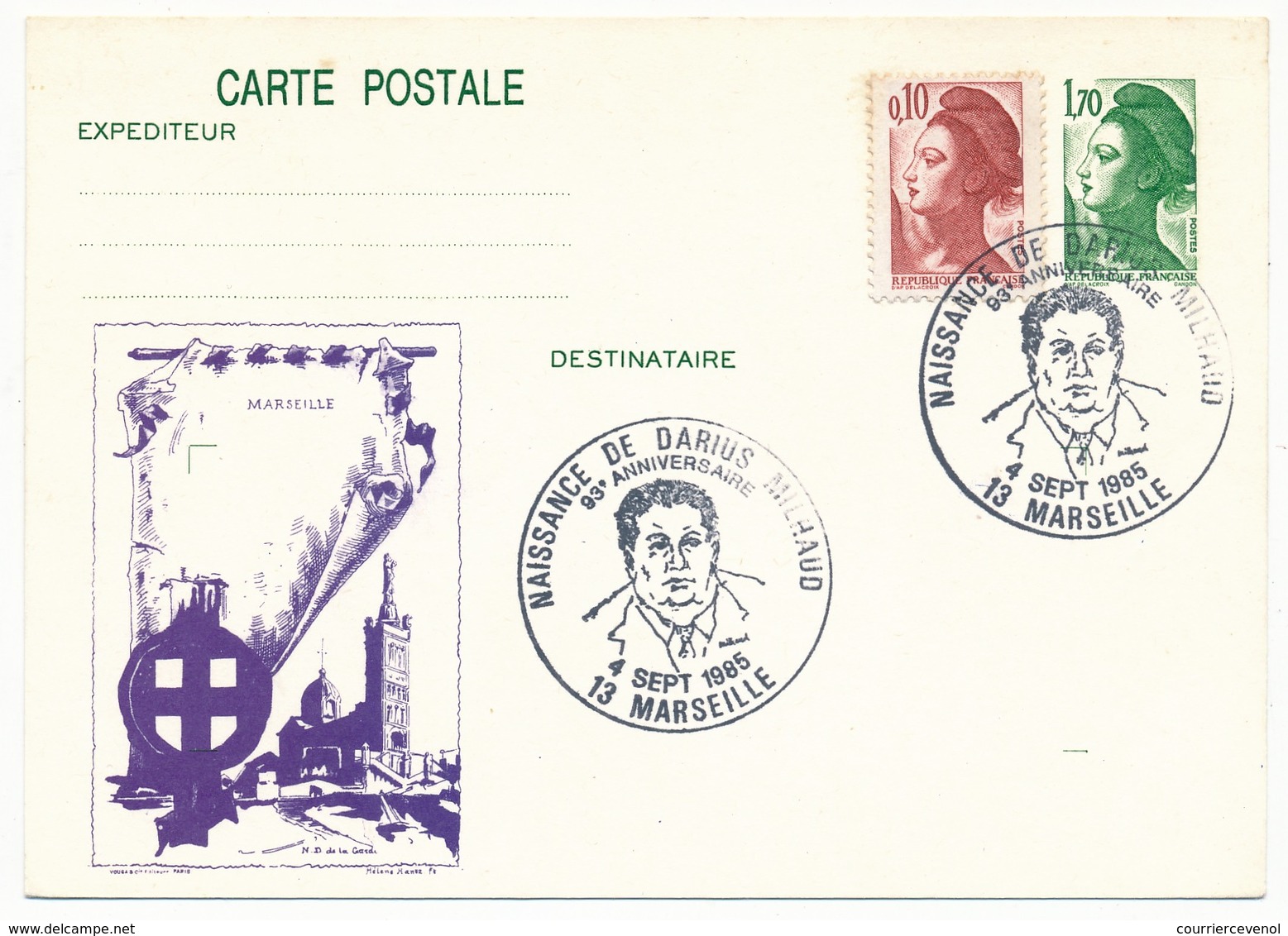 Entier Repiqué - 1,70 Liberté - Obl Temp "Naissance De Darius Milhaud" - MARSEILLE - 1985 - Postales  Transplantadas (antes 1995)