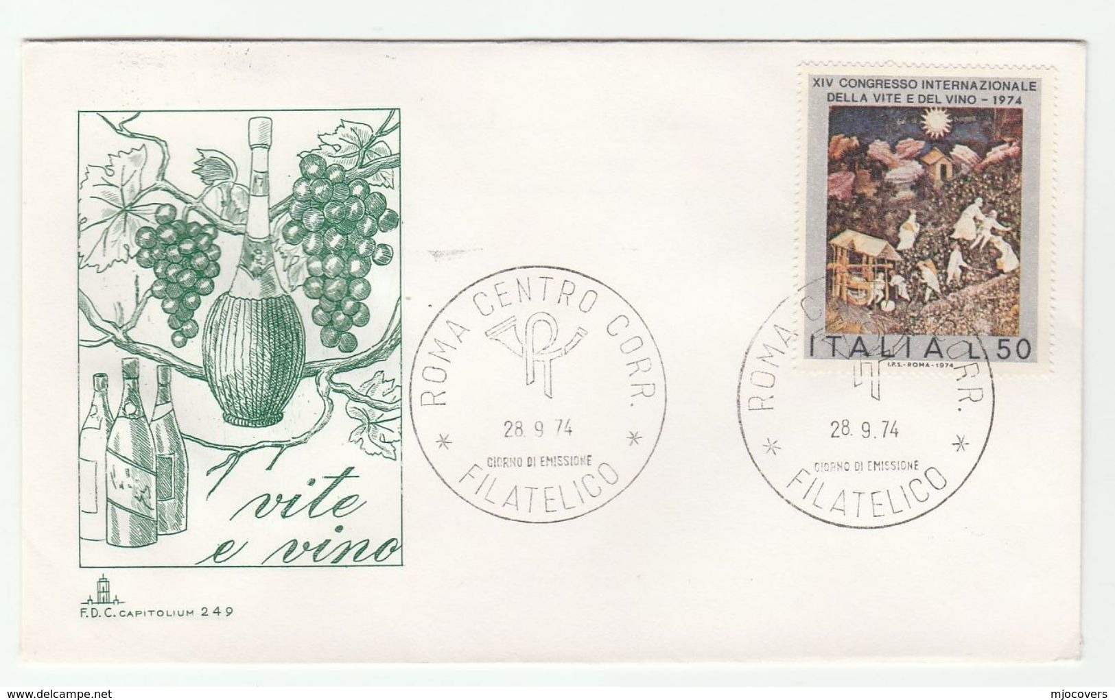 1974  ITALY FDC WINE & GRAPES International CONGRESS Stamps Cover Illus Wine Bottle, Fruit, Alcohol Drink - Fruits