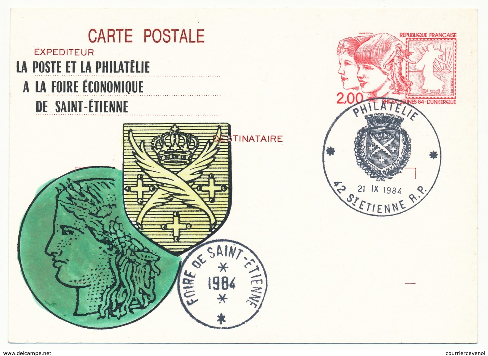 Entier Repiqué - 2,20 Philexjeunes - Foire économique De St ETIENNE - 1984 - 42 St ETIENNE R.P - Overprinter Postcards (before 1995)