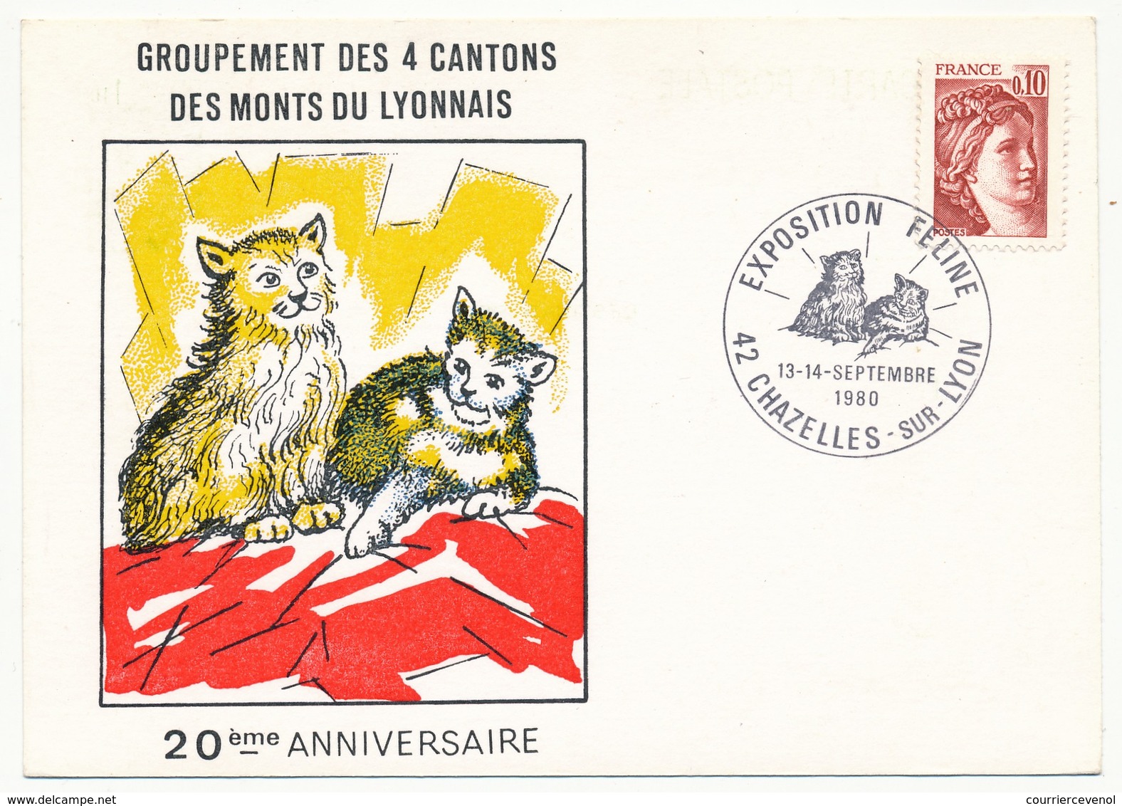 Entier Repiqué - 1,10 Sabine - Exposition Féline - 42 CHAZELLES SUR LYON - 1980 Impression R Verso - Cartes Postales Repiquages (avant 1995)