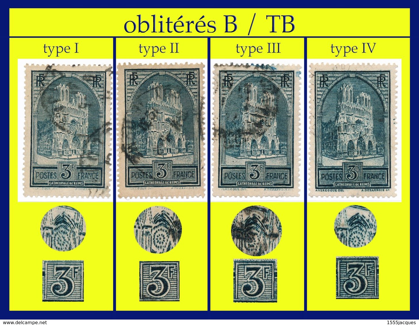 N° 259 CATHEDRALE DE REIMS 1929 - TYPES I II III IV  - 4 EXEMPLAIRES OBLITÉRÉS B / TB (VOIR DÉTAILS) - Oblitérés