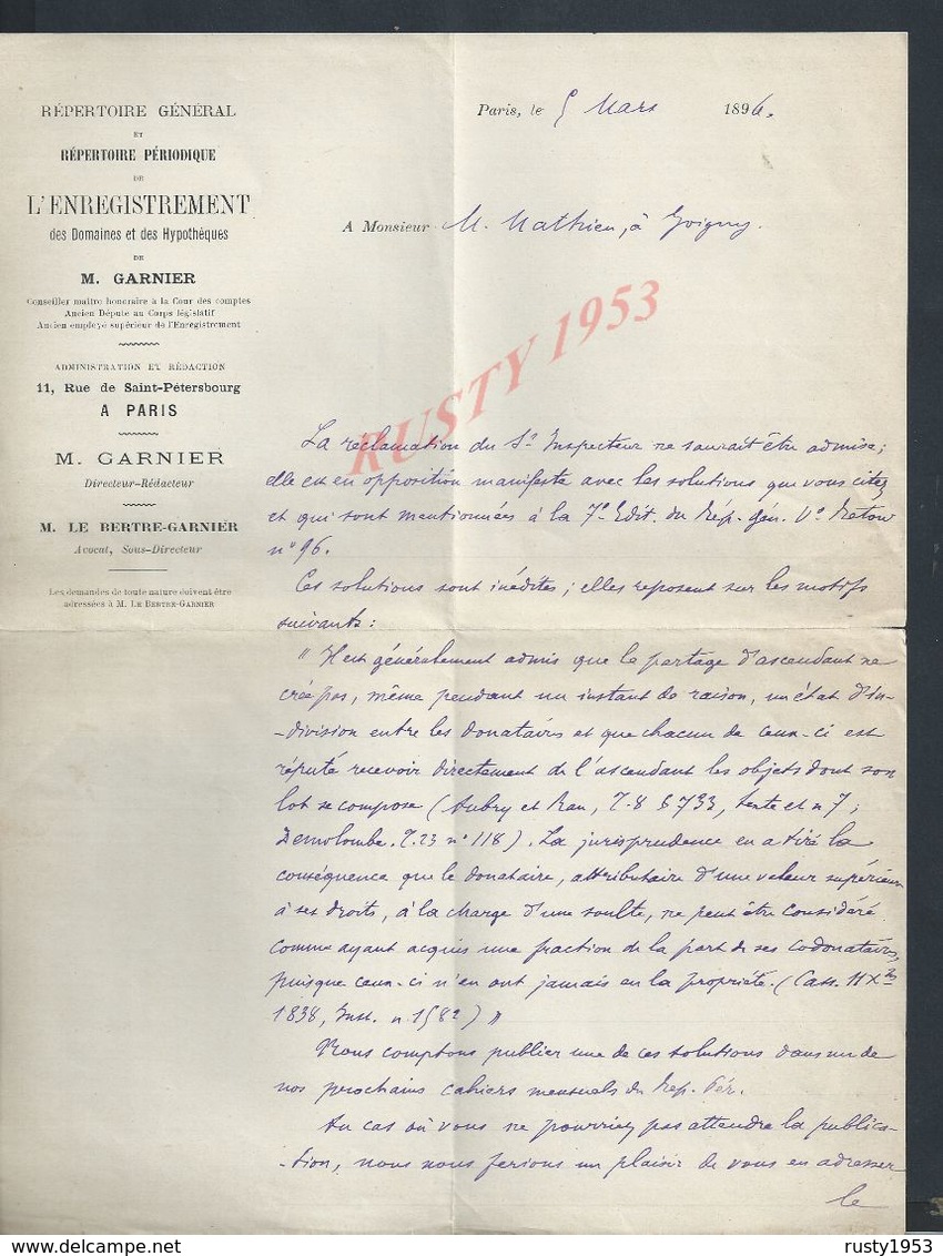 LETTRE COMMERCIALE DE 1894 M GARNIER HYPOTHÈQUES PARIS DE SAINT PÉTERSBOURG : - Manuscripts