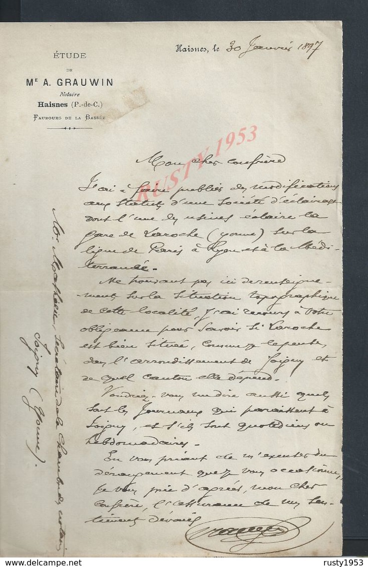 LETTRE DE 1897 M A GRAUVIN ÉTUDE NATAIRE HAISNAIS : - Manuscripts