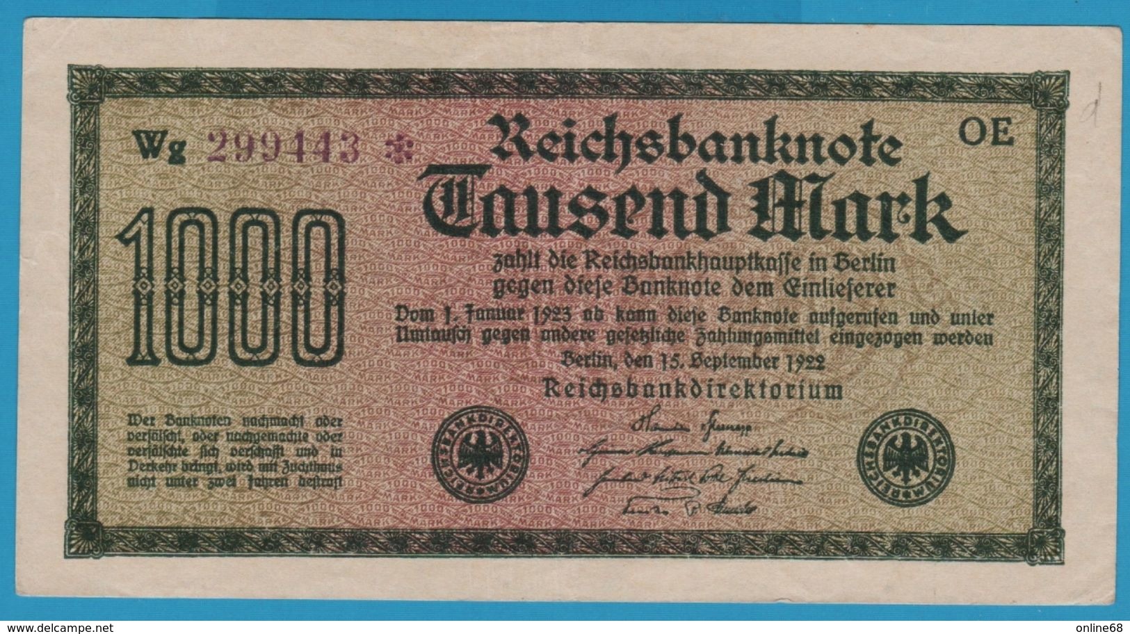 DEUTSCHES REICH 1000 Mark Code OE 15.09.1922  # Wg 299443*  P# 76d - 1000 Mark