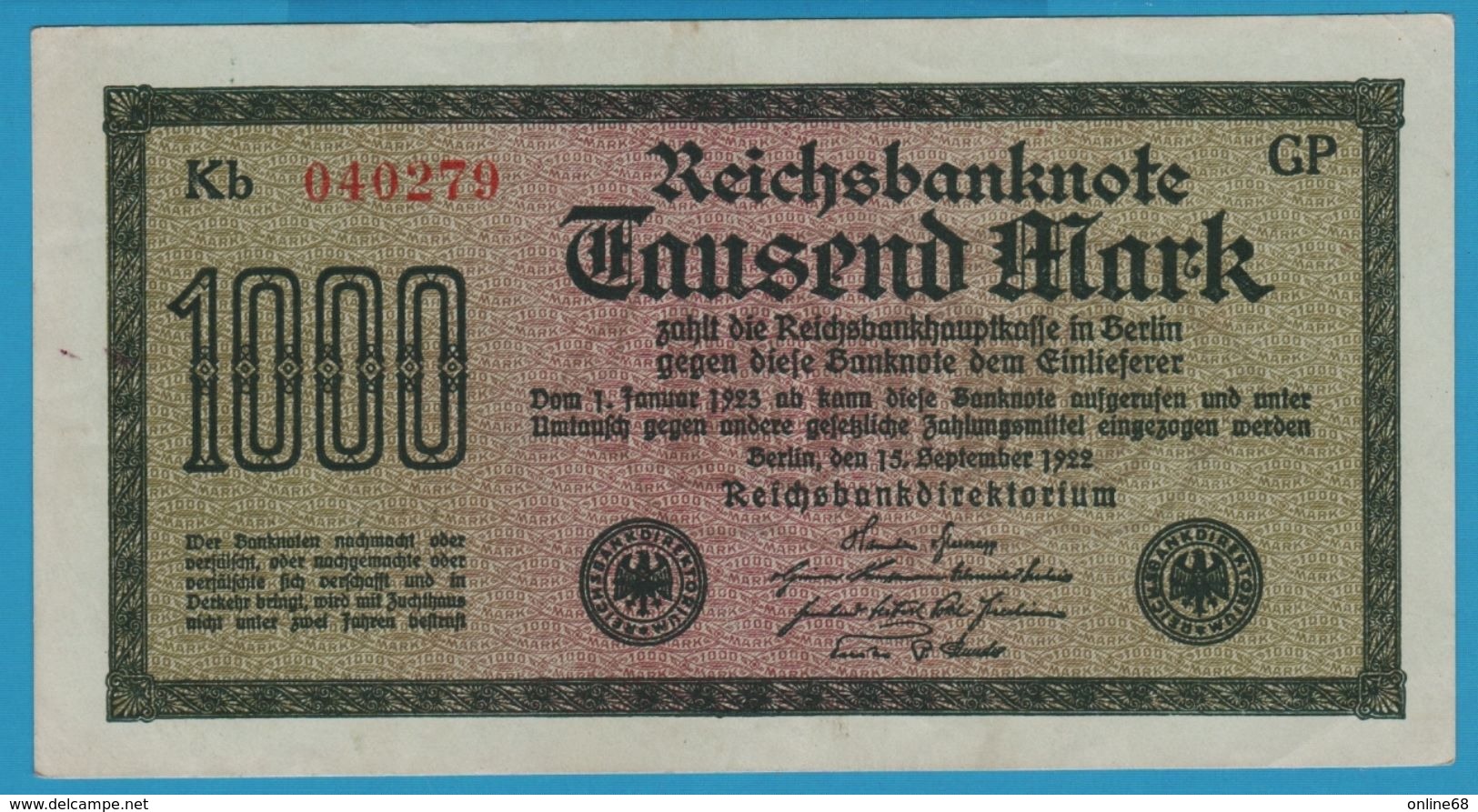 DEUTSCHES REICH 1000 Mark Code GP 15.09.1922  # Kb 040279 P# 76g - 1000 Mark