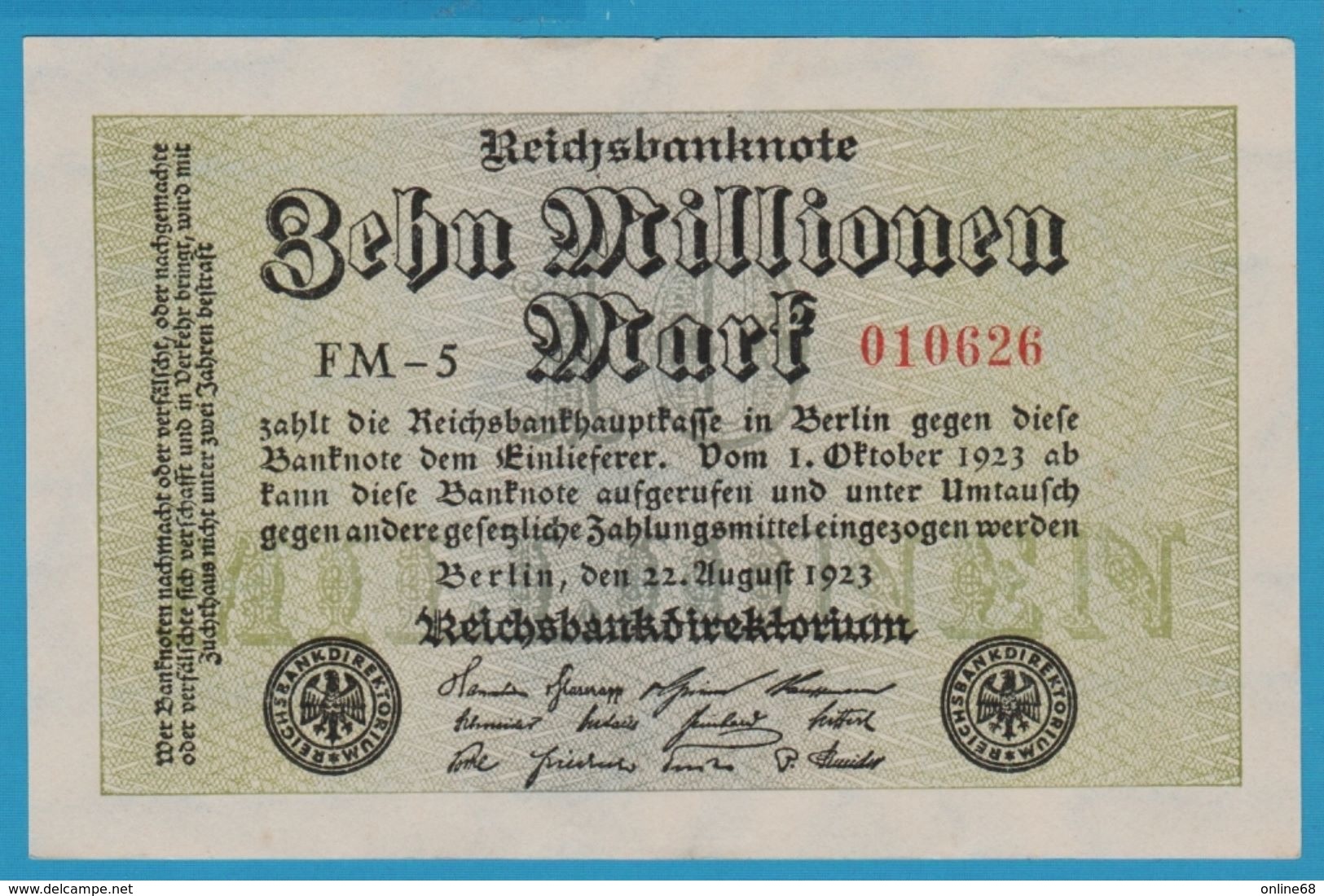 DEUTSCHES REICH 10 MILLIONEN MARK 22.08.1923 SERIE FM-5 010626 P#106a  UNC - 10 Mio. Mark