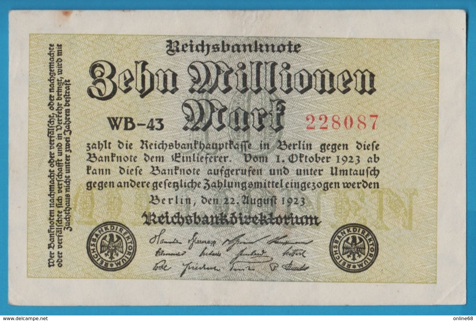 DEUTSCHES REICH 10 MILLIONEN MARK 22.08.1923 SERIE WB-43 228087  P#106a - 10 Millionen Mark