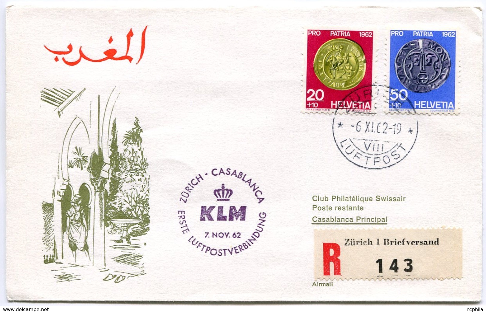 RC 6698 PAYS-BAS KLM 1962 1er VOL ZURICH - CASABLANCA MAROC FFC NETHERLANDS LETTRE COVER - Poste Aérienne