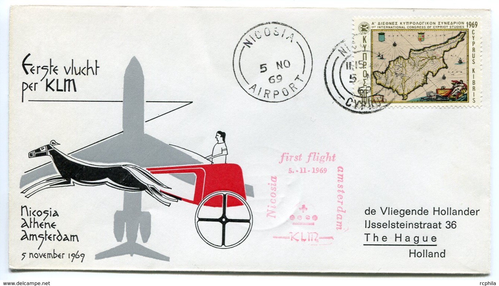 RC 6700 PAYS-BAS KLM 1969 1er VOL NICOSIA ATHENES GRECE - AMSTERDAM FFC NETHERLANDS LETTRE COVER - Luftpost