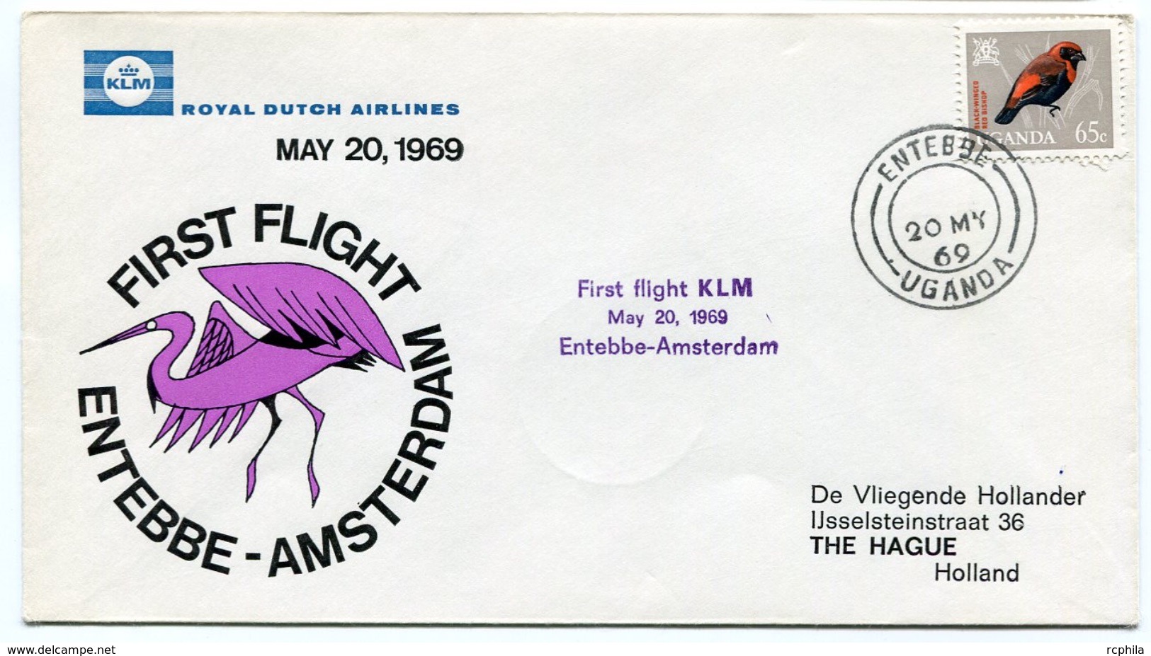 RC 6702 PAYS-BAS KLM 1969 1er VOL ENTEBBE OUGANDA - AMSTERDAM FFC NETHERLANDS LETTRE COVER - Luftpost