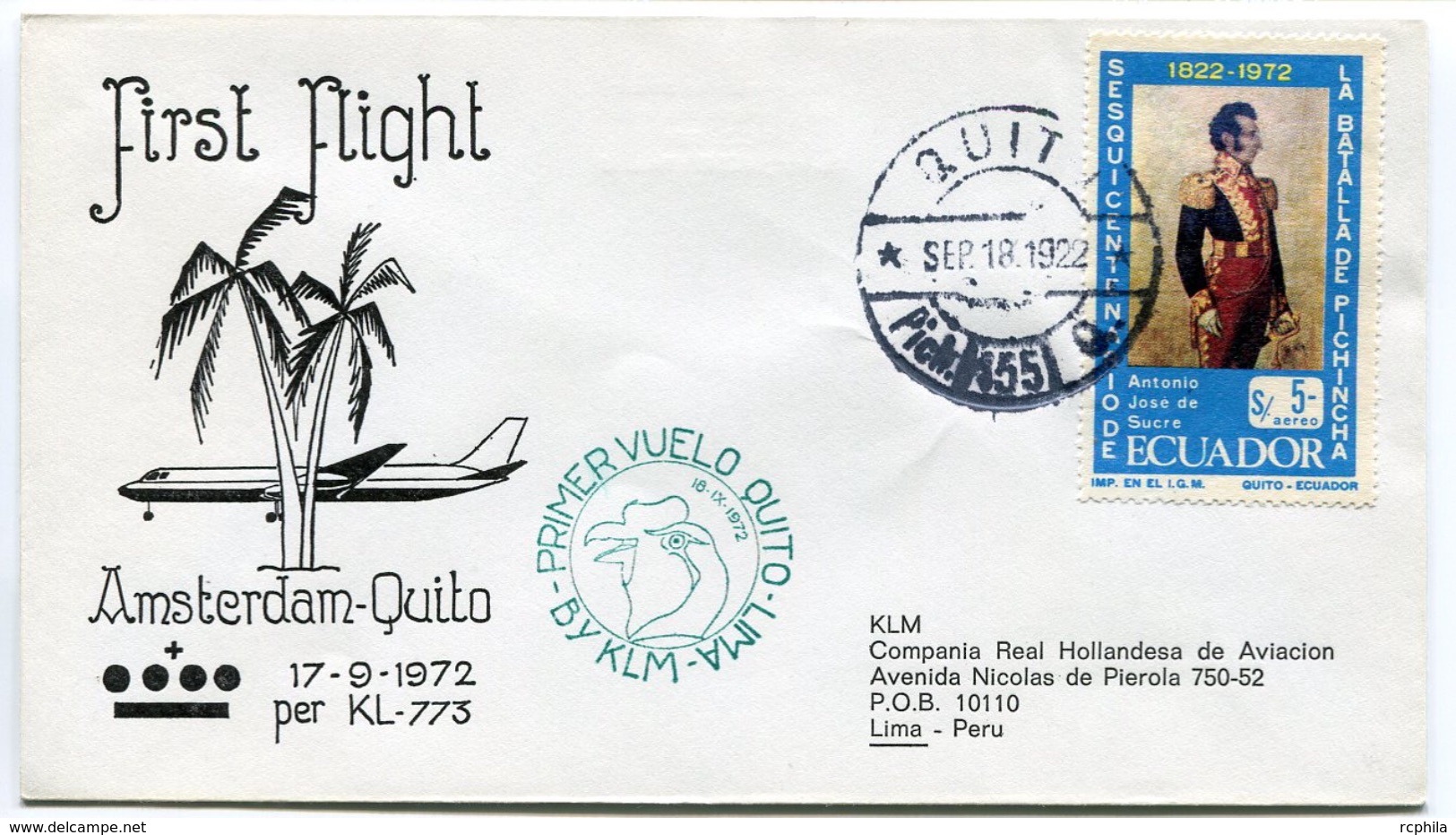RC 6703 PAYS-BAS KLM 1972 1er VOL AMSTERDAM - QUITO EQUATEUR FFC NETHERLANDS LETTRE COVER - Luchtpost