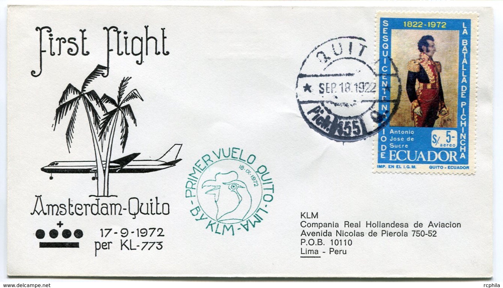 RC 6703 PAYS-BAS KLM 1972 1er VOL AMSTERDAM - QUITO EQUATEUR FFC NETHERLANDS LETTRE COVER - Poste Aérienne