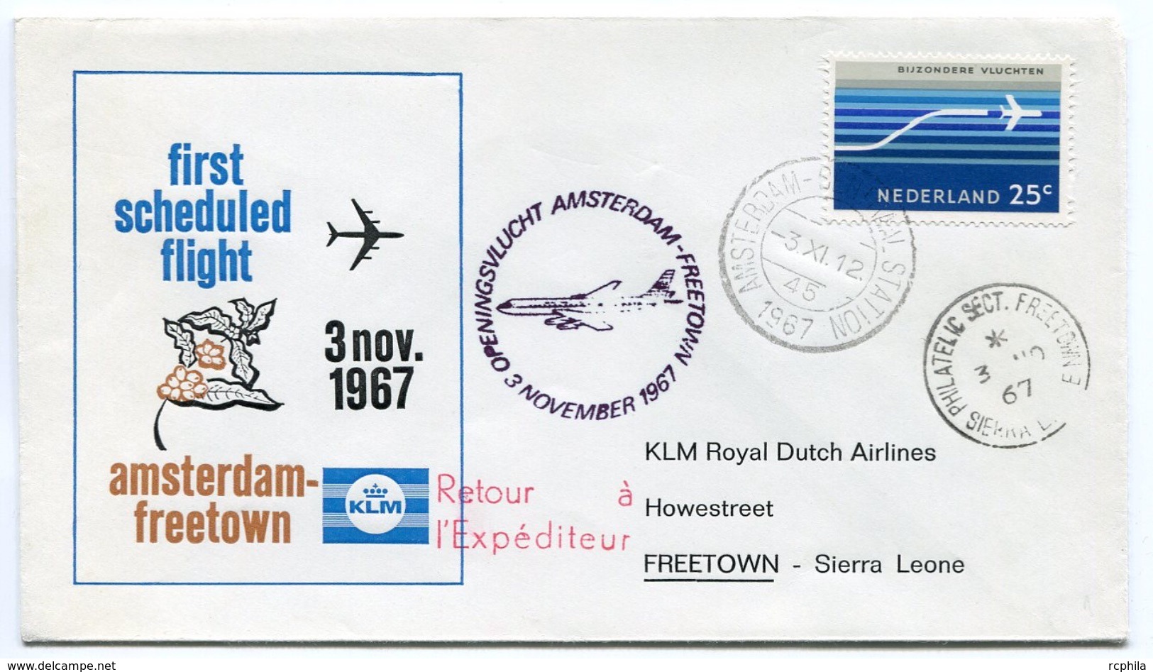 RC 6704 PAYS-BAS KLM 1967 1er VOL AMSTERDAM - FREETOWN SIERRA LEONE FFC NETHERLANDS LETTRE COVER - Airmail