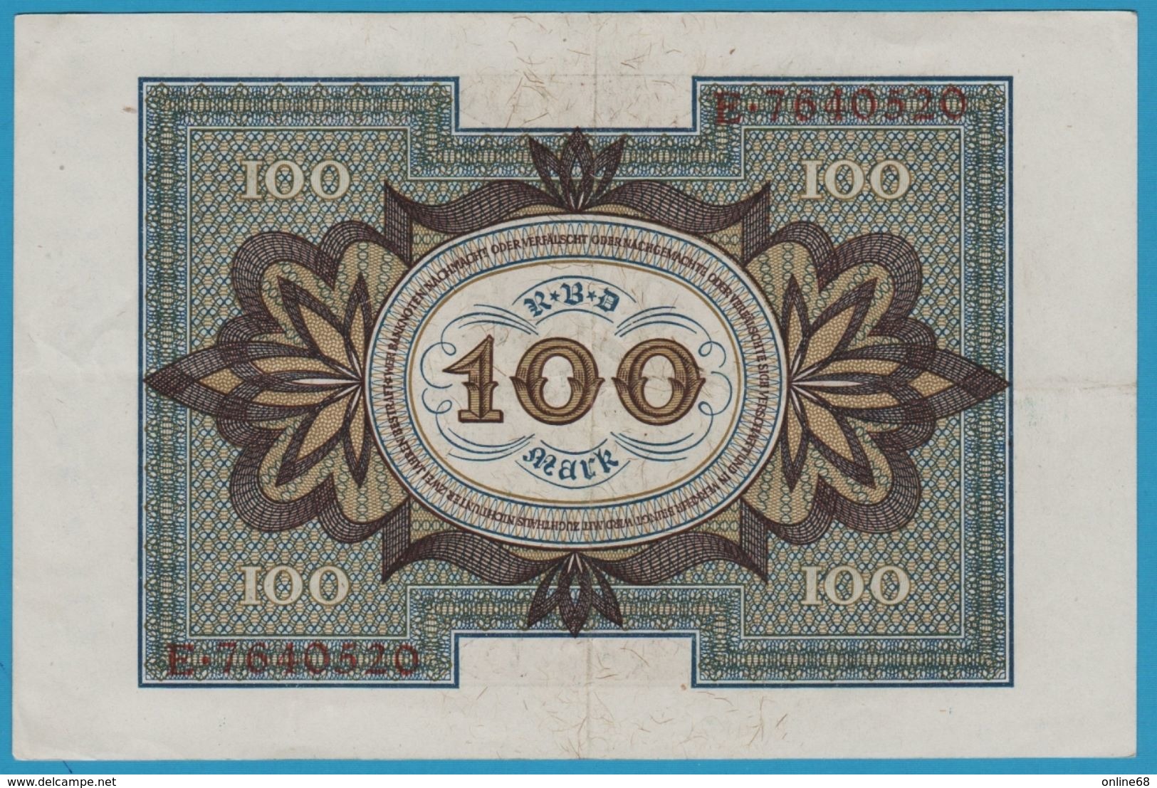 DEUTSCHES REICH 100 MARK 1.11.1920 LETTER B SERIE E.7640520 P#69a - 100 Mark