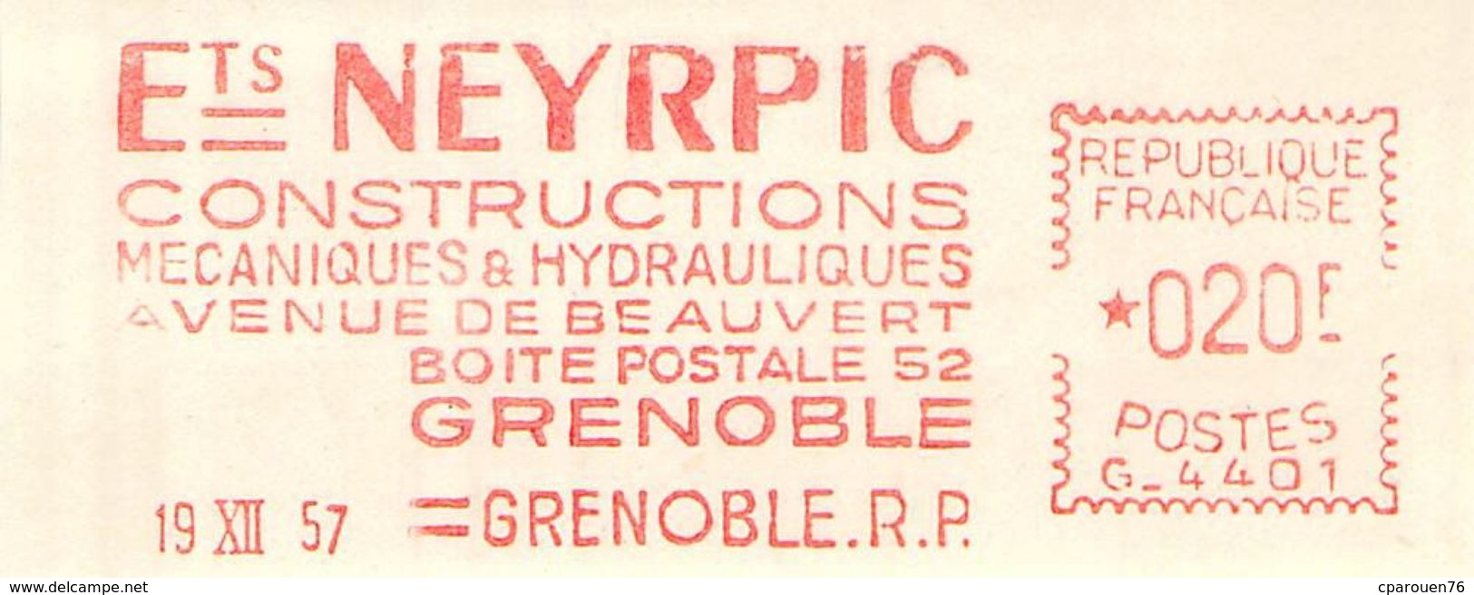 FLAMME EMA OBLITERATION MECANIQUE ETS NEYRPIC CONSTRUCTIONS MECANIQUES HYDRAULIQUES GRENOBLE 19.12.1957 - Affrancature Meccaniche Rosse (EMA)