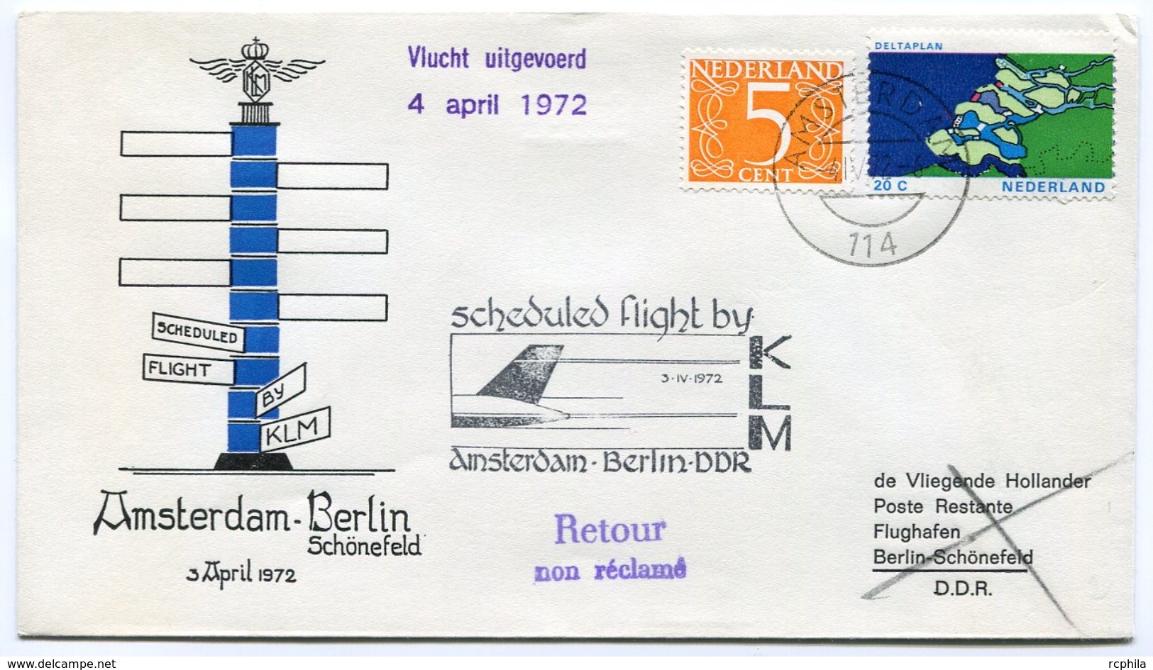 RC 6708 PAYS-BAS KLM 1972 1er VOL AMSTERDAM - BERLIN SCHONEFELD DDR ALLEMAGNE FFC NETHERLANDS LETTRE COVER - Poste Aérienne