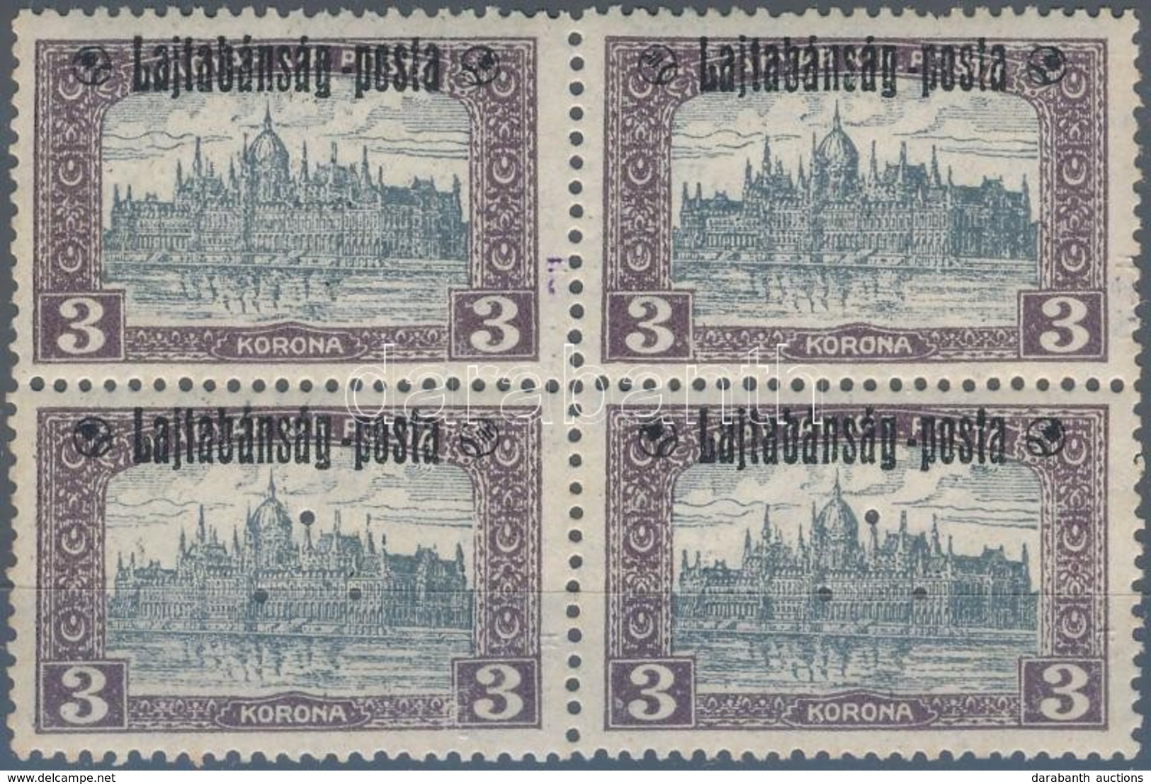 ** Nyugat-Magyarország III. 1921 Parlament 3K 4-es Tömb, Alsó Két értéke 3-as Lyukasztással, Flasch Garanciajelzéssel (1 - Other & Unclassified