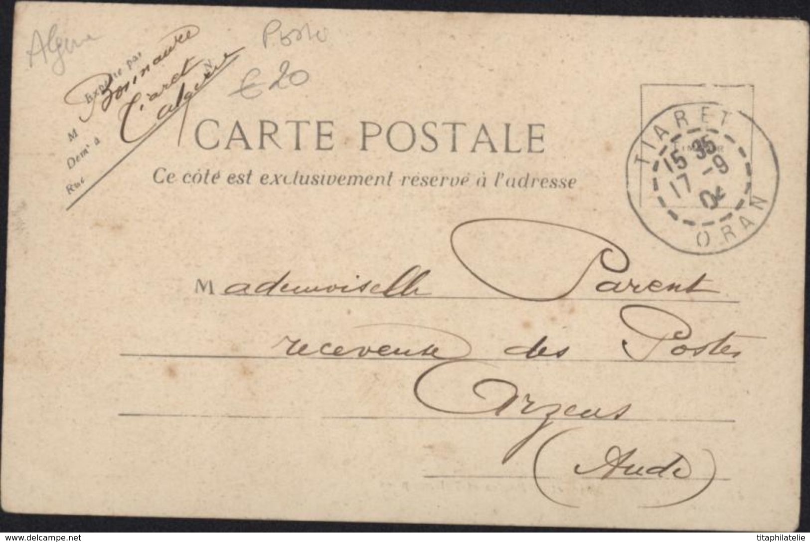 CPA CP Carte Postale Algérie Tiaret Postes Et Télégraphes 48 G Geiser Alger CAD Tiaret 17 8 1904 - Tiaret