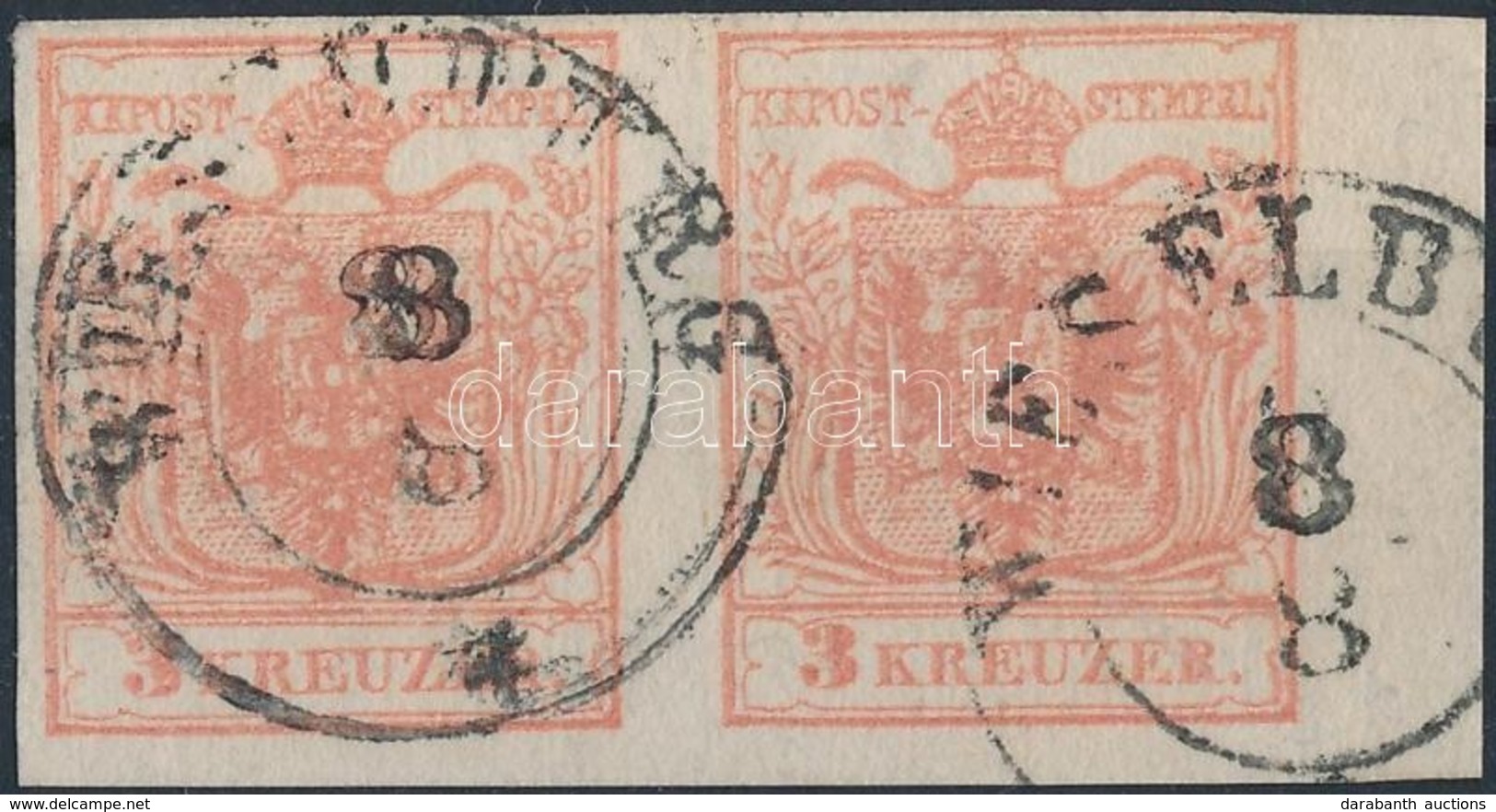 O 1850 3kr MP III. Vízszintes Pár, A Jobb Oldali ívszél 5,5 Mm / Pair With 5,5 Mm Margin  'WIESELBURG' - Andere & Zonder Classificatie