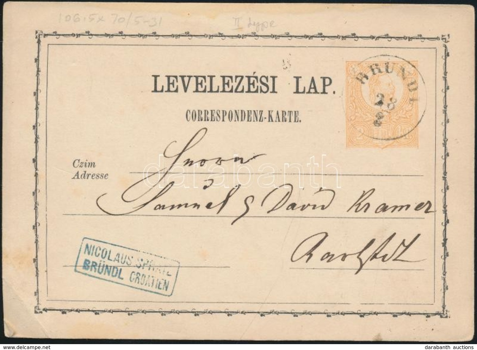 1871 2kr Díjjegyes Levelezőlap 'BRÜNDL' - Andere & Zonder Classificatie