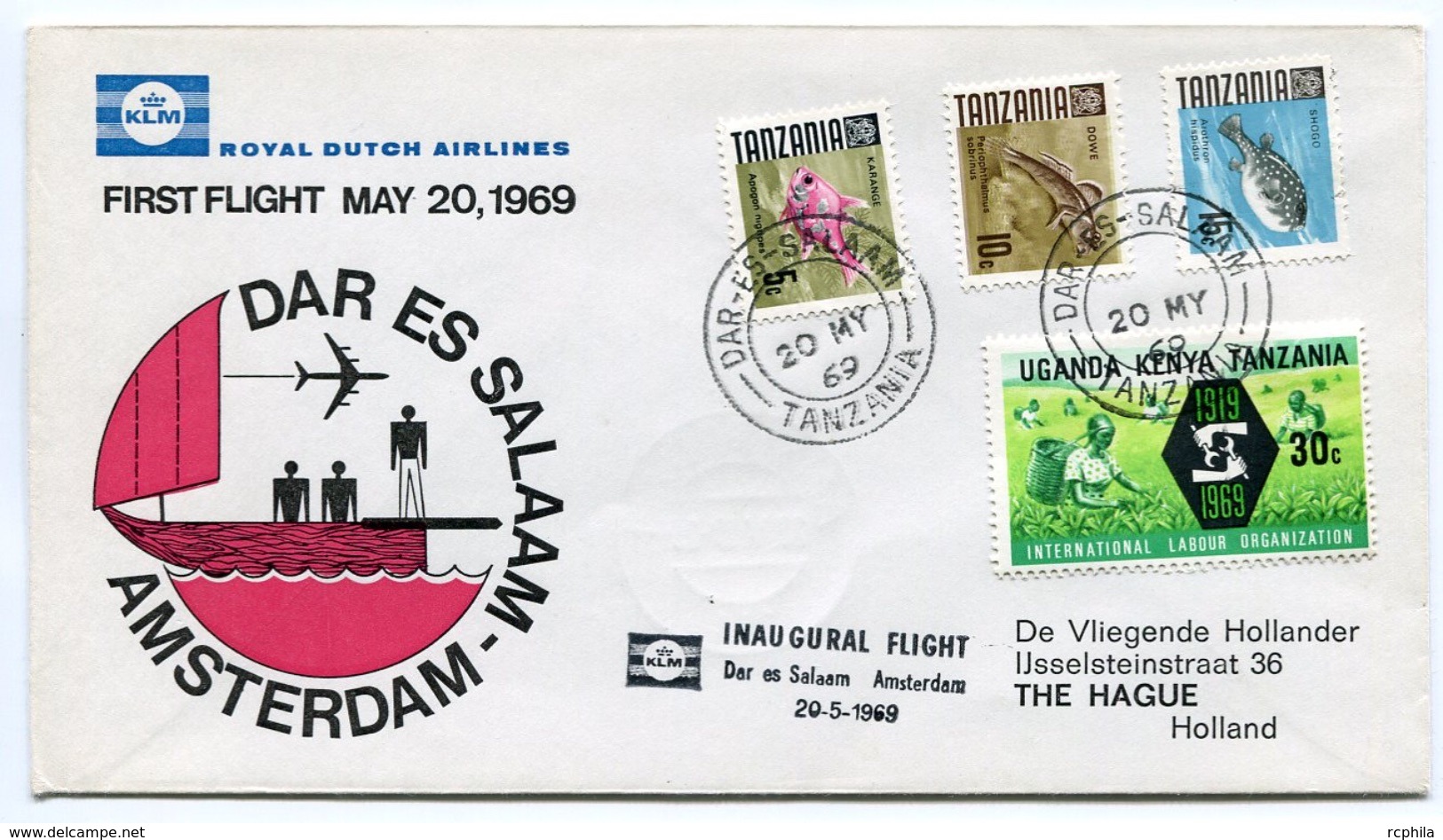 RC 6710 PAYS-BAS KLM 1969 1er VOL DAR ES SALAAM TANZANIA - AMSTERDAM FFC NETHERLANDS LETTRE COVER - Poste Aérienne