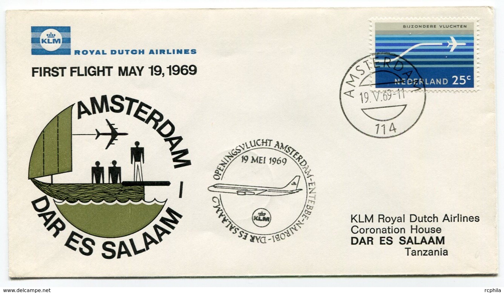 RC 6711 PAYS-BAS KLM 1969 1er VOL AMSTERDAM - DAR ES SALAAM TANZANIA FFC NETHERLANDS LETTRE COVER - Airmail