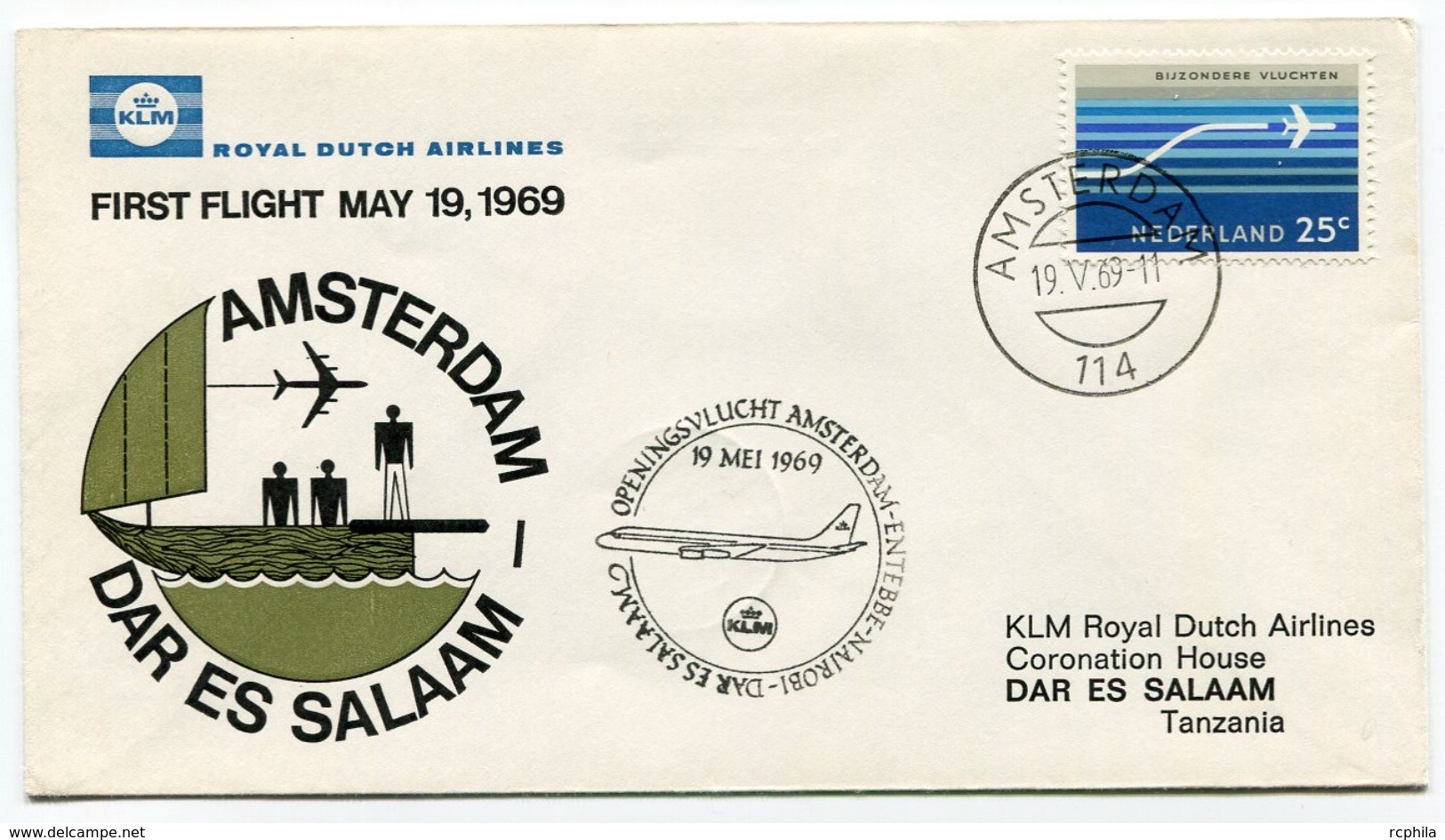 RC 6711 PAYS-BAS KLM 1969 1er VOL AMSTERDAM - DAR ES SALAAM TANZANIA FFC NETHERLANDS LETTRE COVER - Poste Aérienne