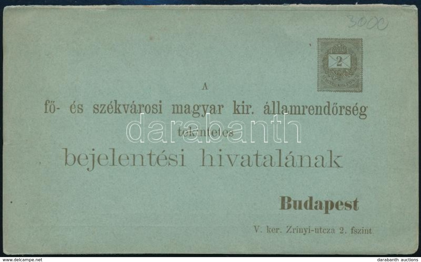 1874 2kr Díjjegyes Rendőrségi Bejelentőlap, Használatlan - Other & Unclassified