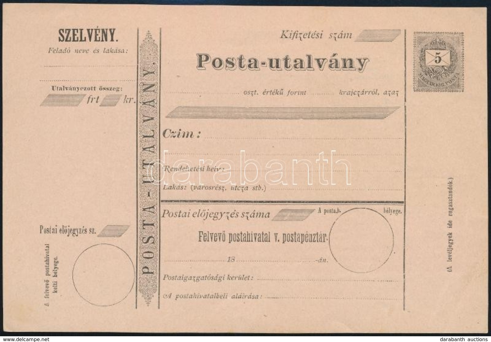 1874 Használatlan Fekete 5kr Postautalvány Vízjellel - Andere & Zonder Classificatie