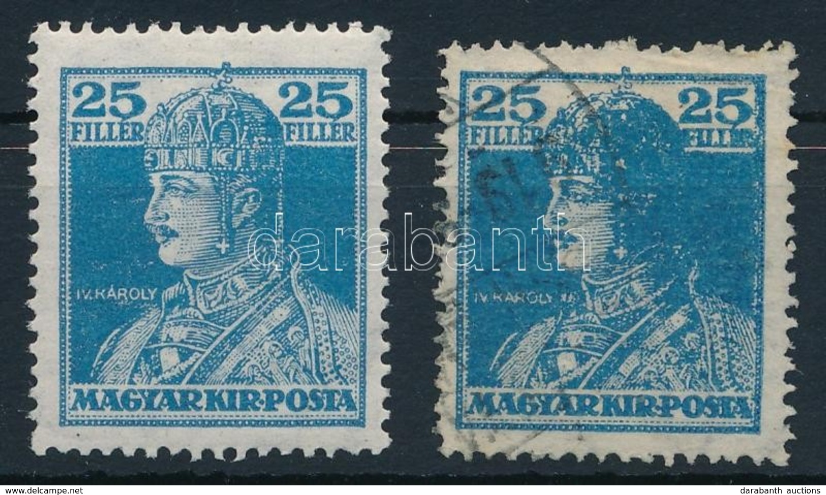 O 1916 Károly 25f Nagy Festékfolt A Fej Jobb Oldalán + Támpéldány / Mi 216 With Huge Blue Paint Spot - Andere & Zonder Classificatie