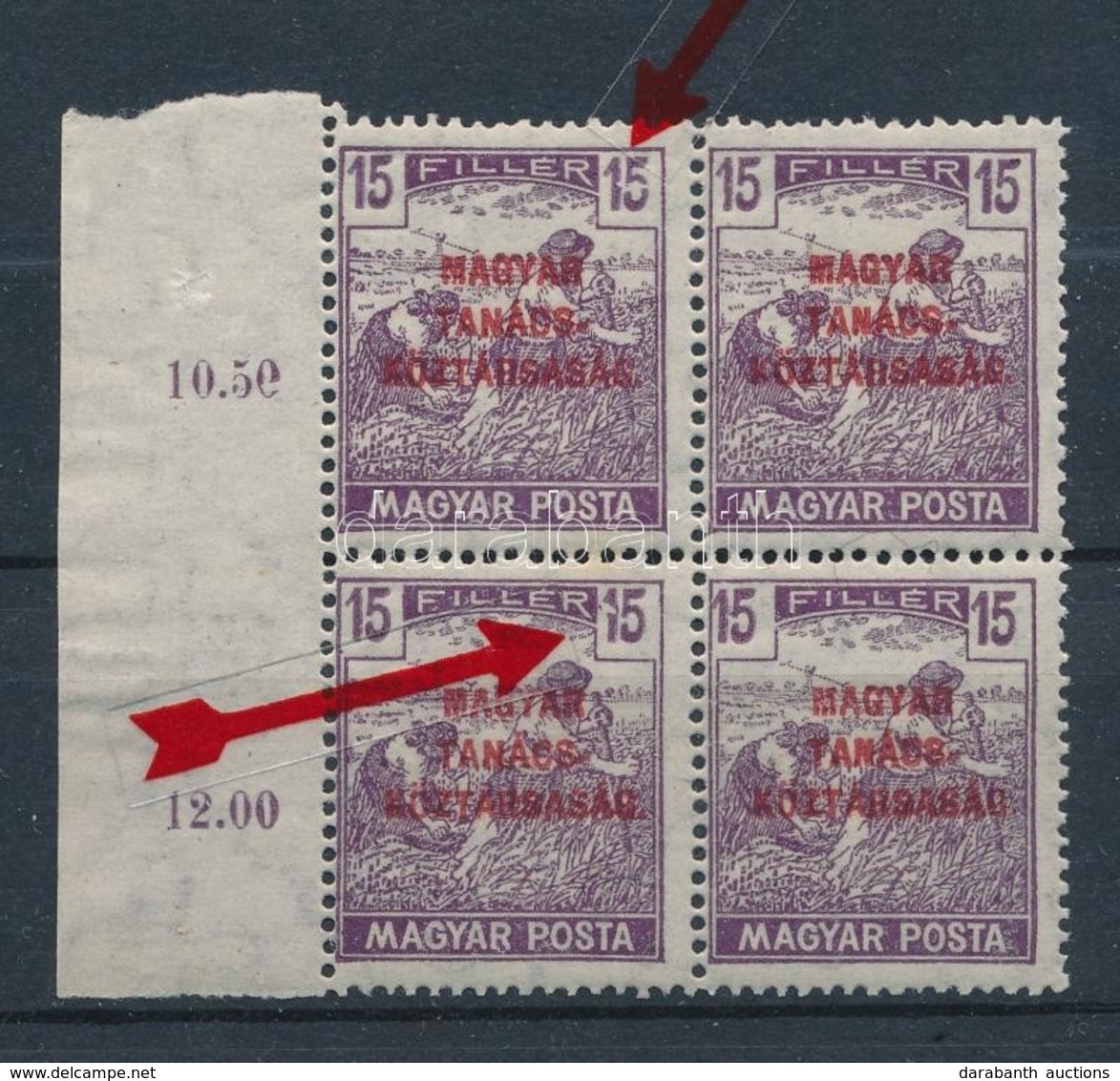 ** 1919 Magyar Tanácsköztársaság 15f ívszéli Négyestömb, Kettő Bélyegen Is Vízszintes Vonal Az értékjelzésben / Mi 272 M - Andere & Zonder Classificatie