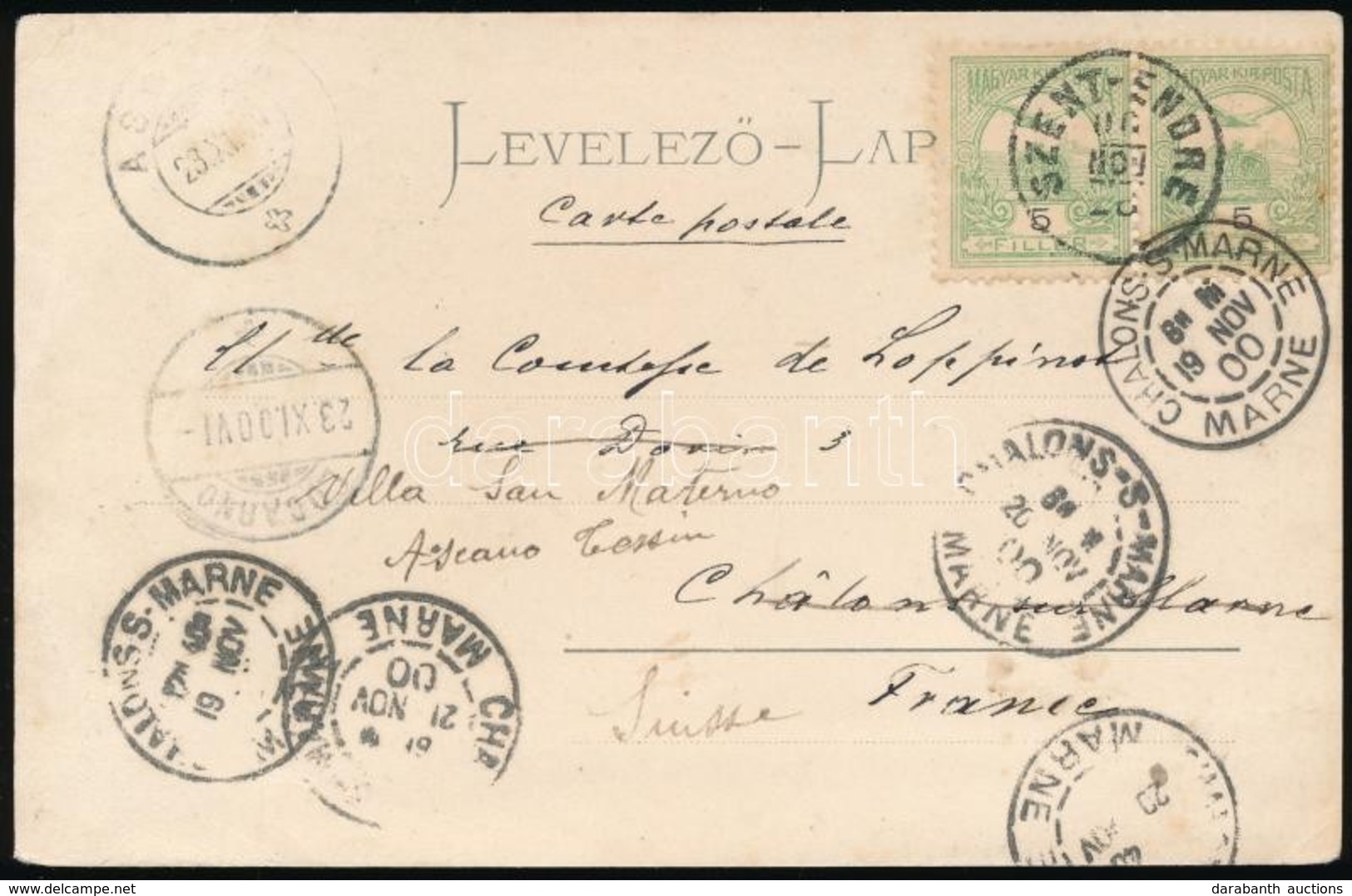 1900 Képeslap 5f Pár Bérmentesítéssel Franciaországba, Majd Továbbítva Svájcba / Postcard With 5kr Pair Franking To Fran - Andere & Zonder Classificatie