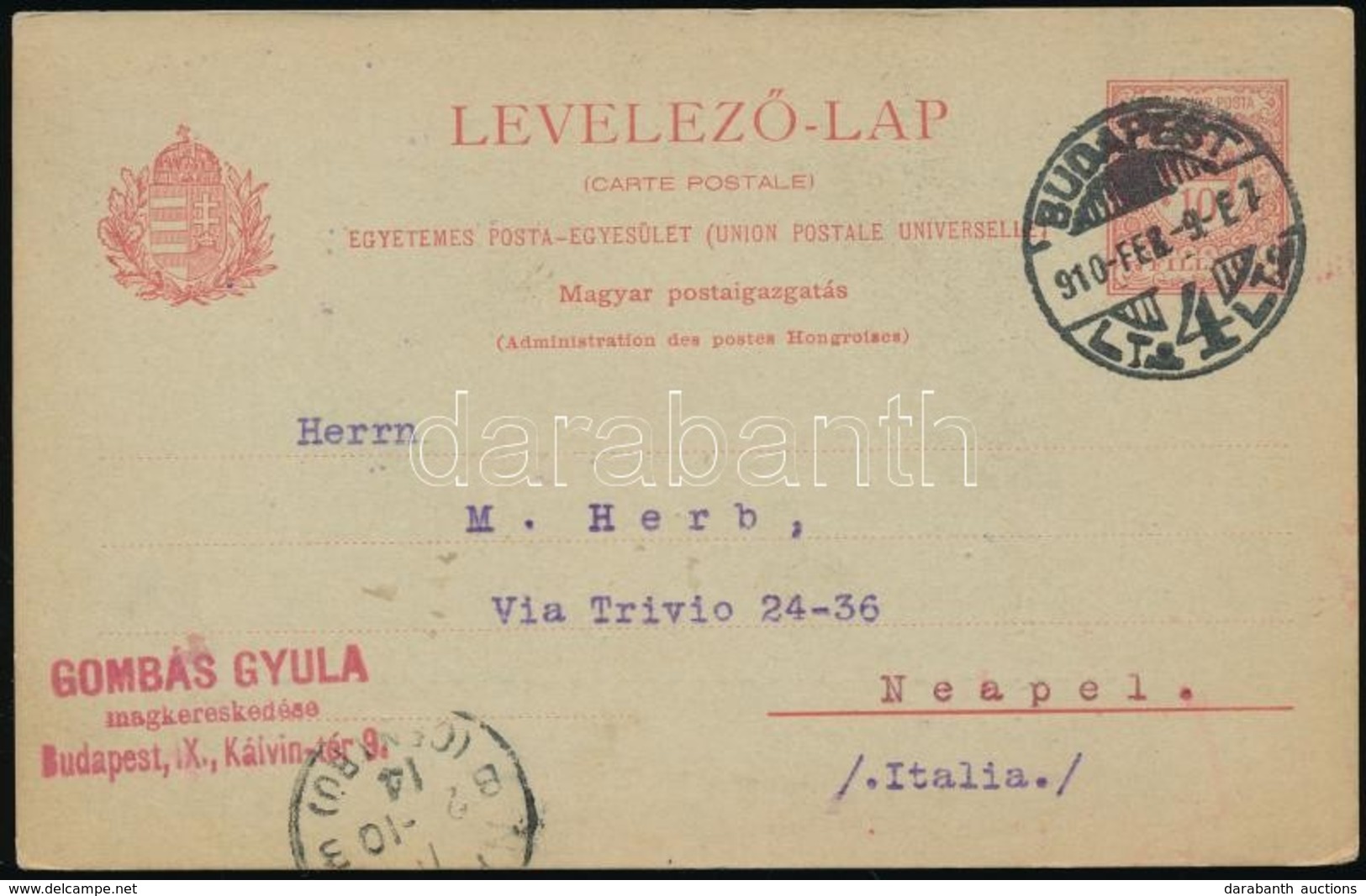1910 10f Díjjegyes UPU Levelezőlap Nápolyba / PS-card To Naples - Andere & Zonder Classificatie